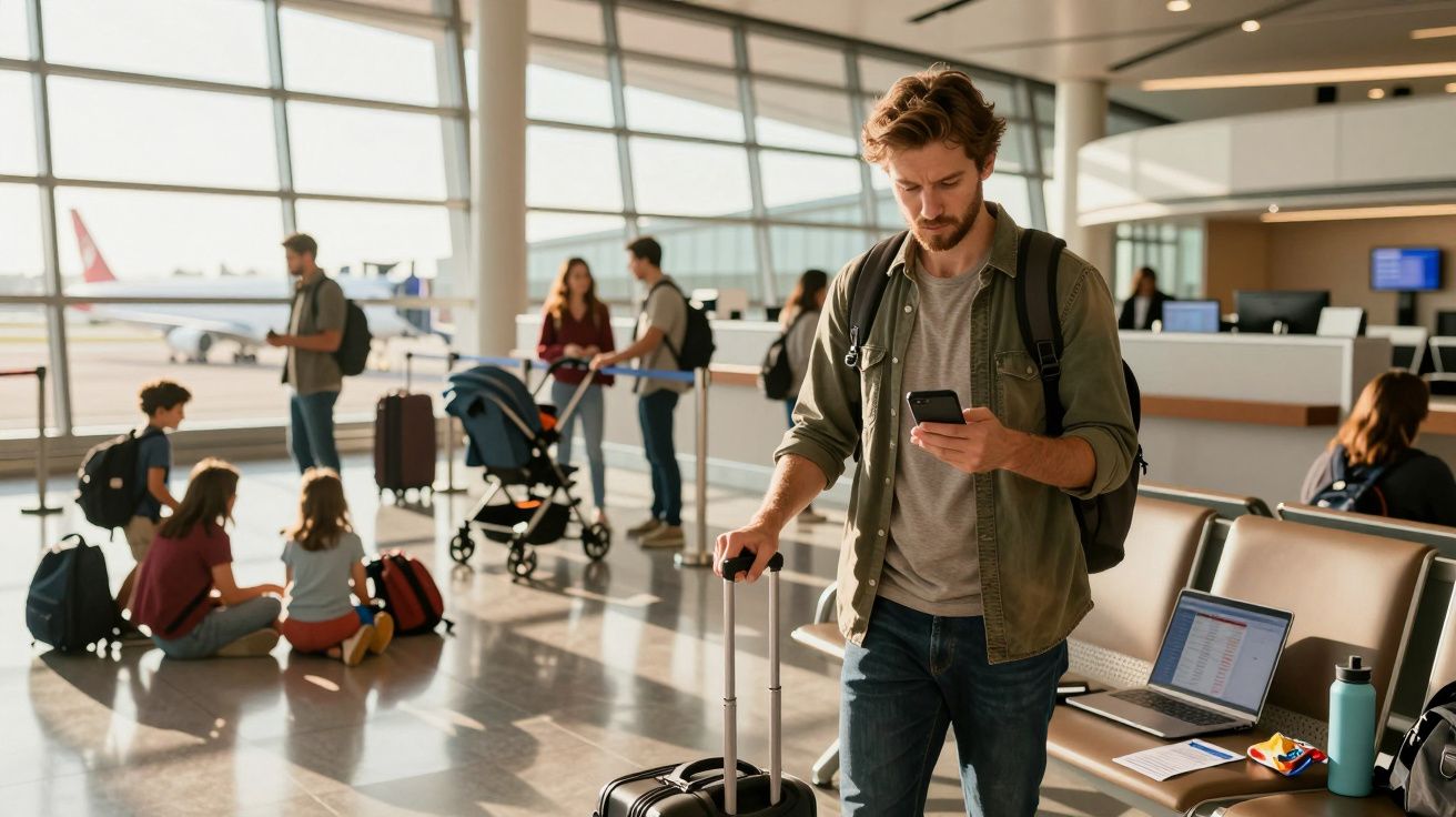Homem com mala no aeroporto, olha para o telemóvel. Pessoas ao fundo e avião visível através das janelas grandes.