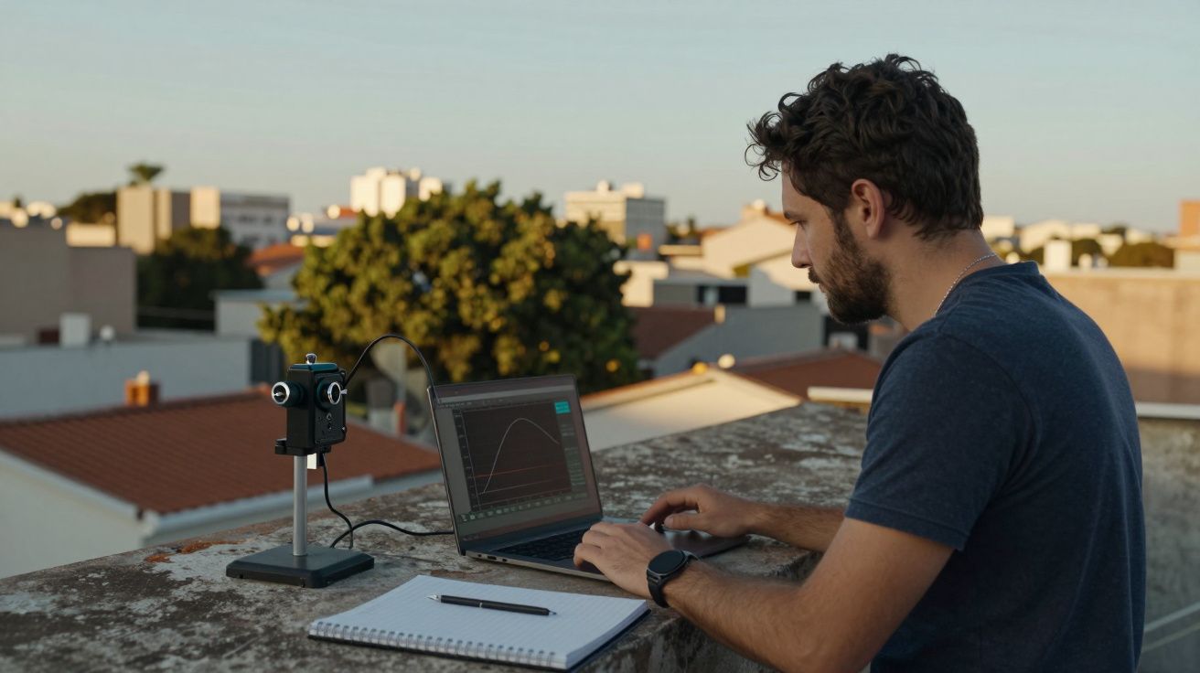 Homem usando laptop em telhado com equipamento científico e blocos de notas ao pôr do sol.