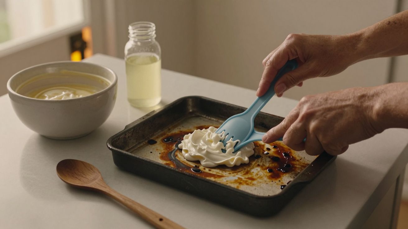 Mãos espalhando chantilly numa bandeja com uma espátula azul, ao lado de uma tigela e uma garrafa pequena.