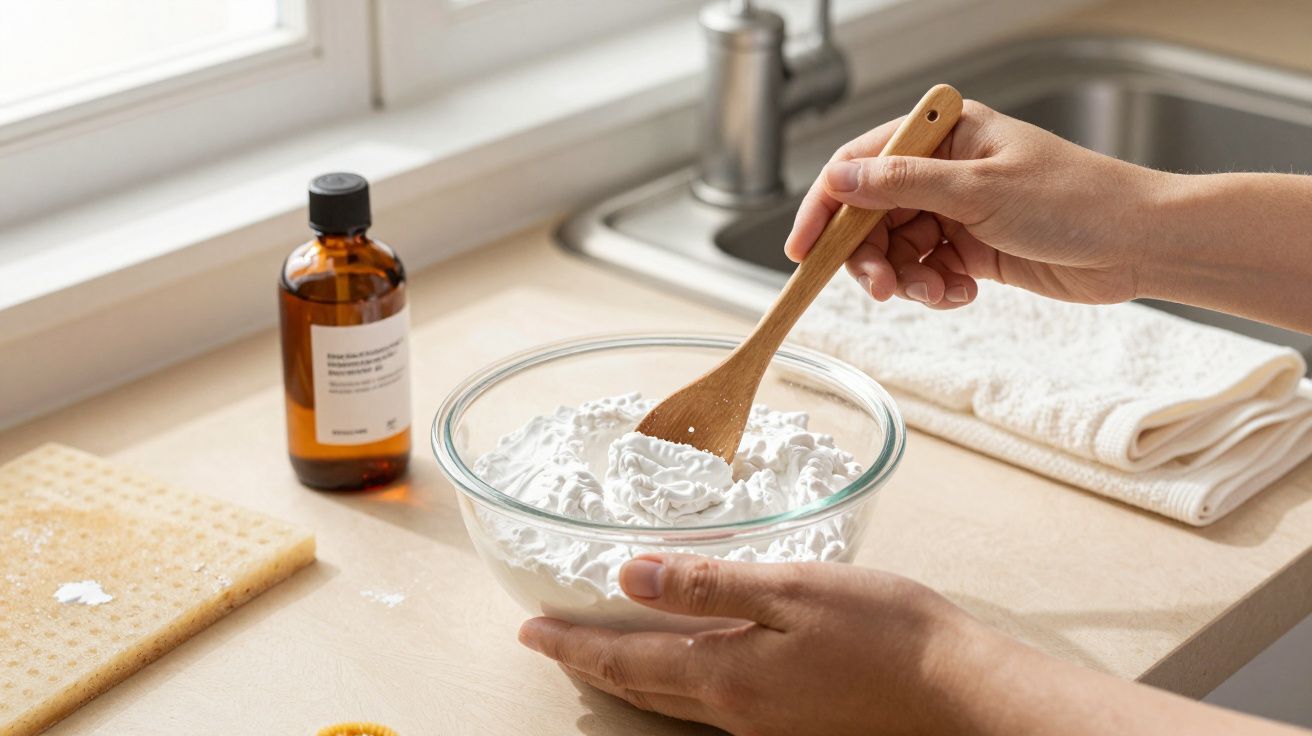 Mãos misturam creme branco num recipiente de vidro com uma colher de pau; garrafa âmbar e toalhas ao fundo.
