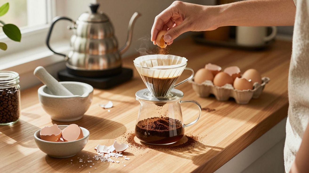 Pessoa a preparar café de filtro numa cozinha, com cascas de ovo e outros utensílios sobre a bancada de madeira.
