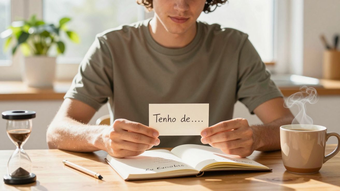 Homem segura cartão "Tenho de..." à mesa com caderno, ampulheta e chá fumegante.