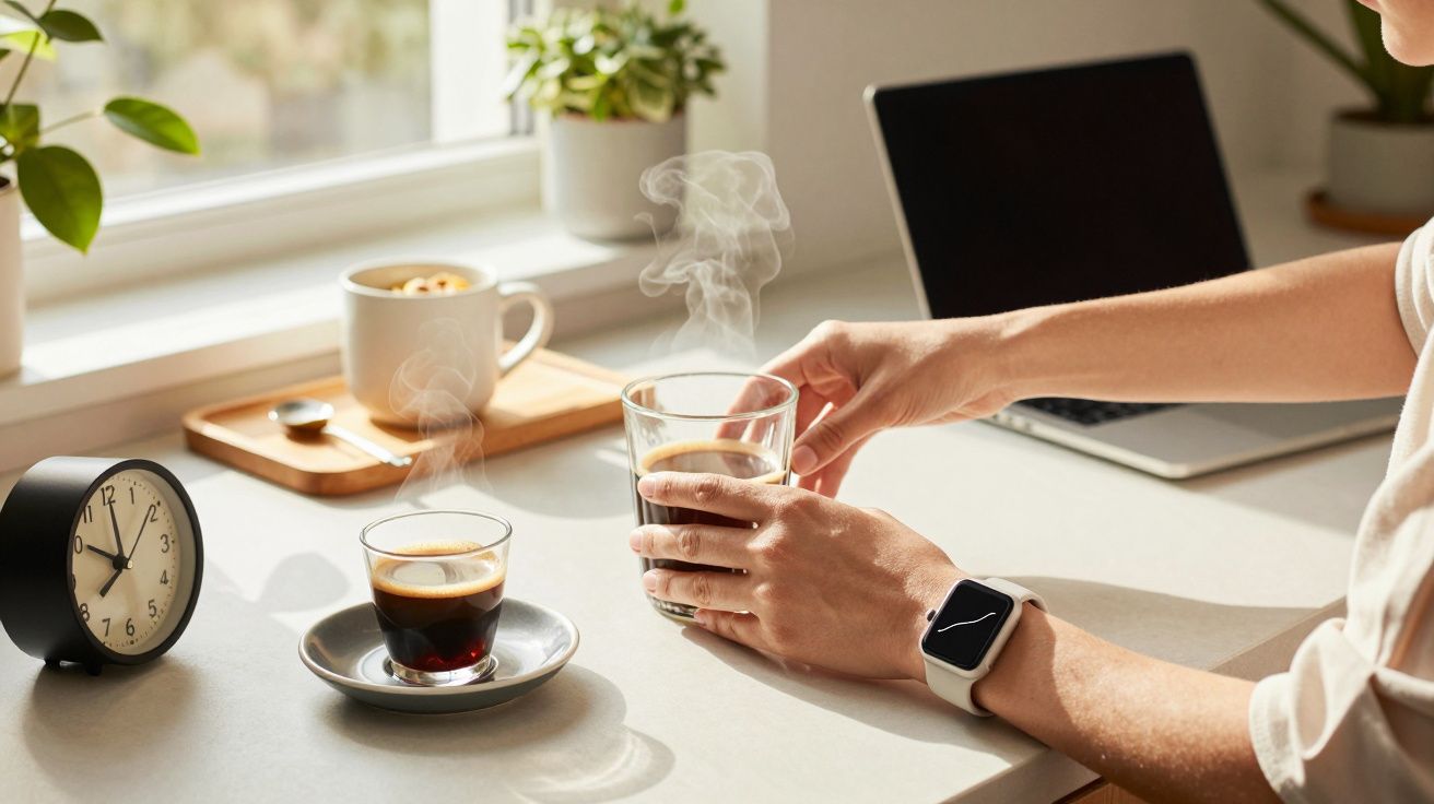 Pessoa segura chávena de café fumegante numa secretária com portátil, relógio, e plantas ao lado de janela.