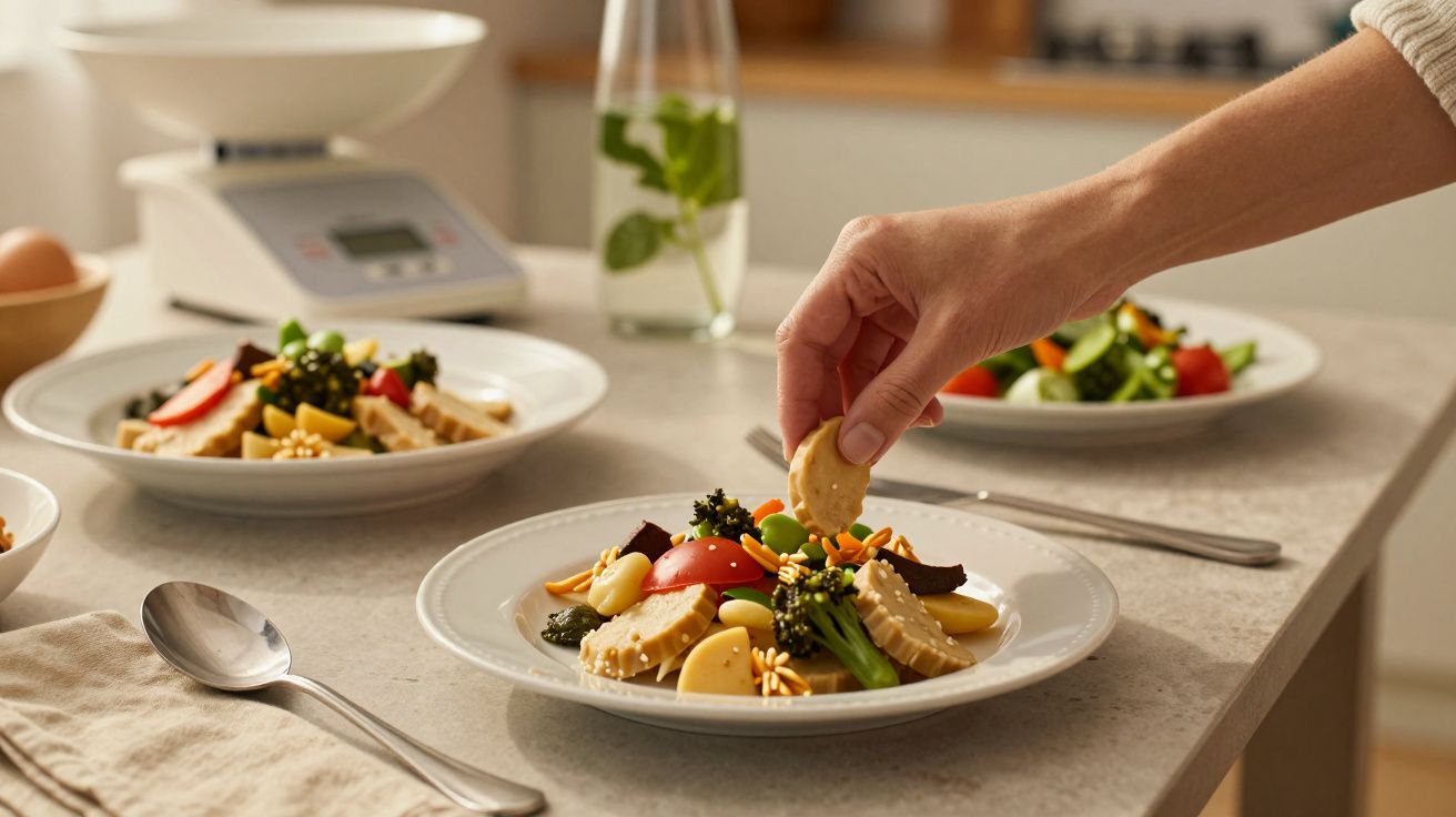 Mão a colocar um biscoito num prato com vegetais, frango e sementes sobre uma mesa de cozinha.