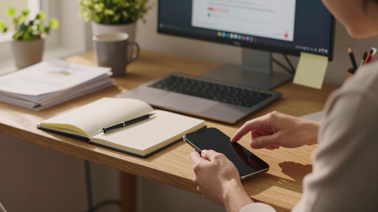 Pessoa a usar smartphone numa secretária com portátil, caderno, chávena e plantas ao fundo.