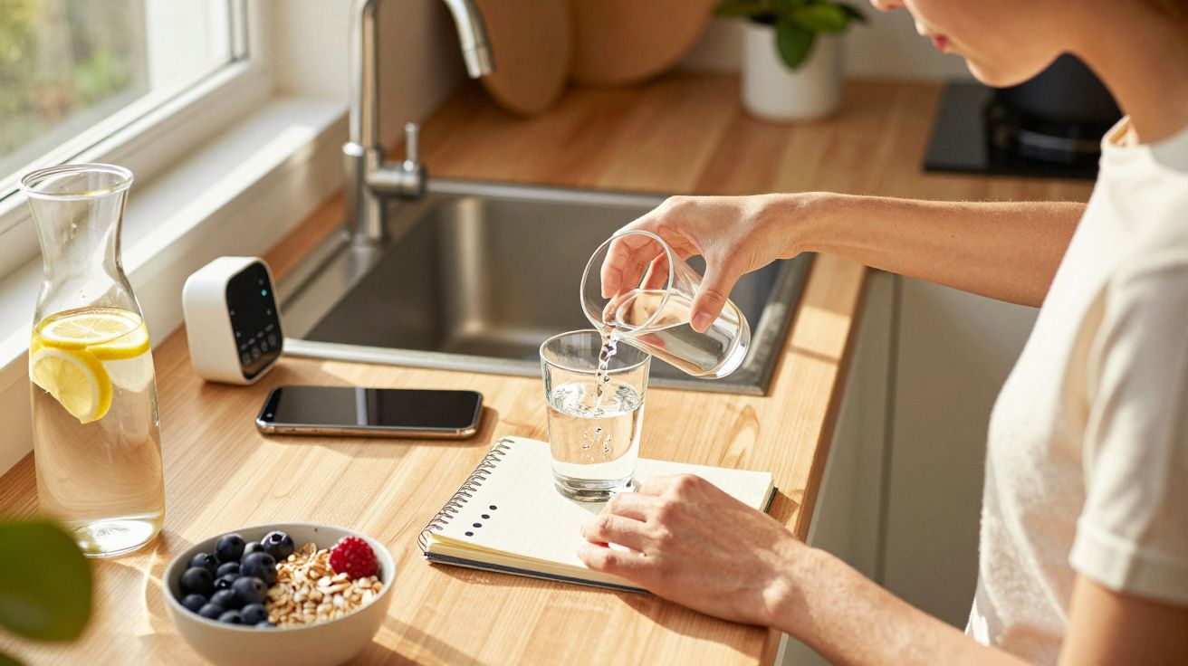 Pessoa a servir água num copo ao lado de um bloco de notas, taça com fruta e jarra de água, numa cozinha iluminada.