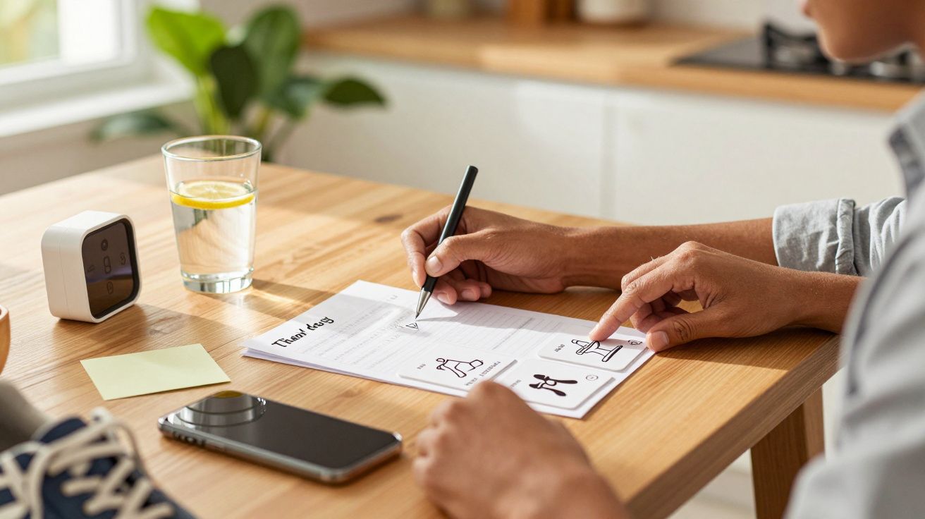 Pessoa a escrever numa folha de papel numa mesa, com um copo de água e um telefone ao lado.