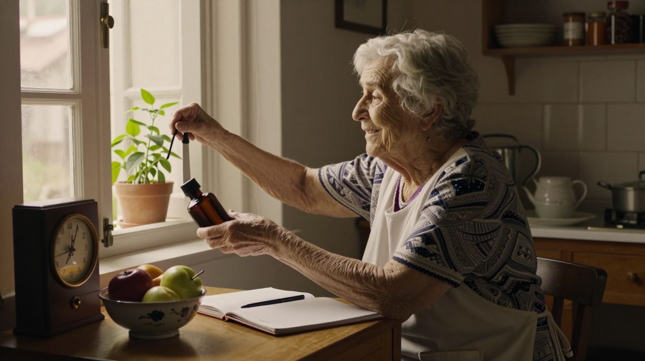 Idosa com frasco de remédio junto à janela, planta, caderno e tigela de frutas numa cozinha iluminada.