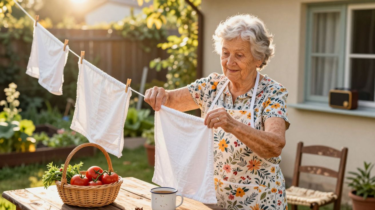 Idosa pendura tecidos ao sol no quintal. Cesto com tomates e cenoura sobre a mesa, junto a uma caneca.