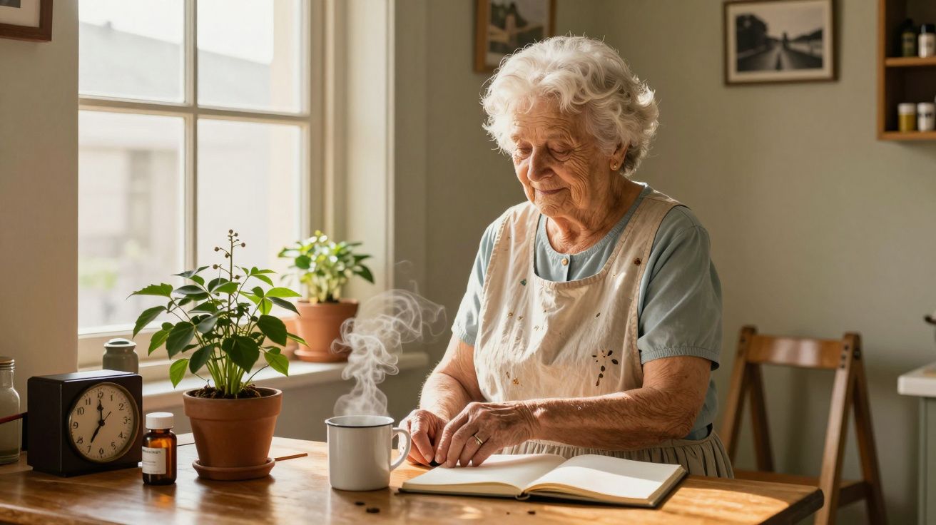 Idosa sentada à mesa com chá quente, plantas e um livro aberto, num ambiente iluminado pela luz da manhã.