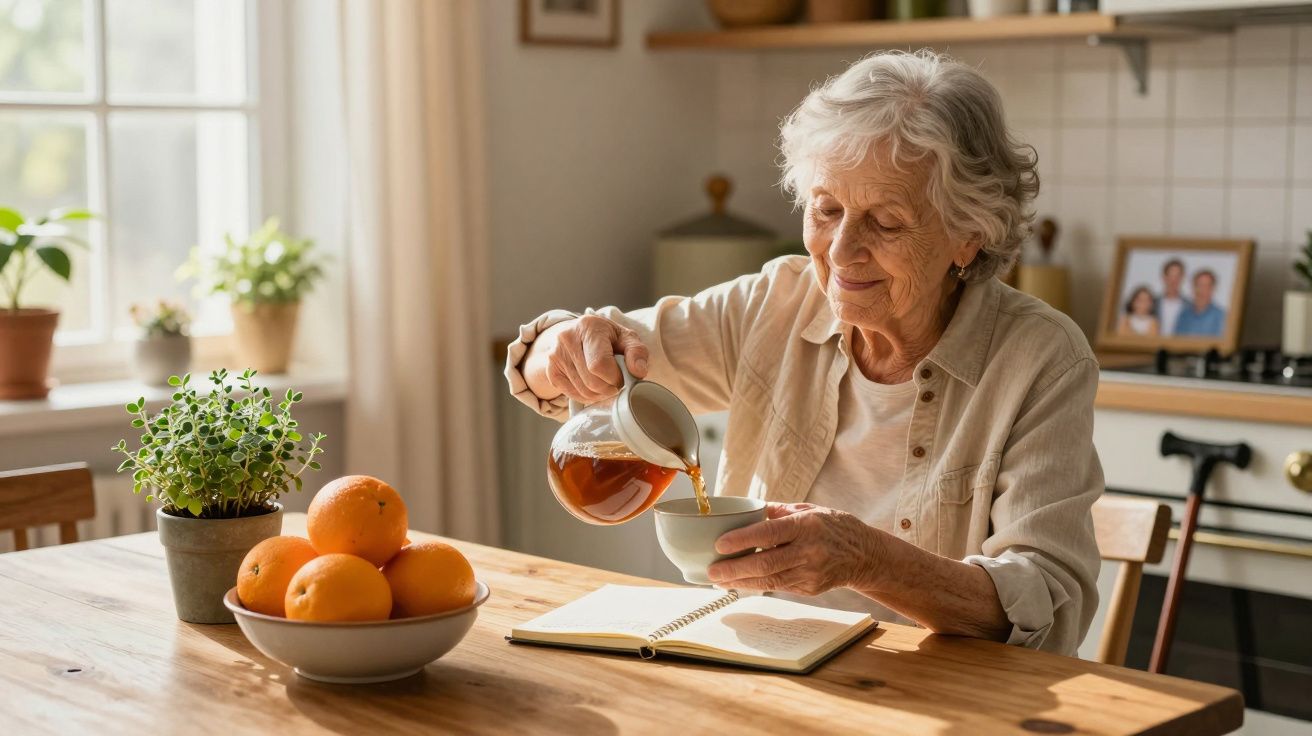 Idosa a servir chá numa chávena, sentada à mesa de madeira com laranjas e um caderno, numa cozinha iluminada.