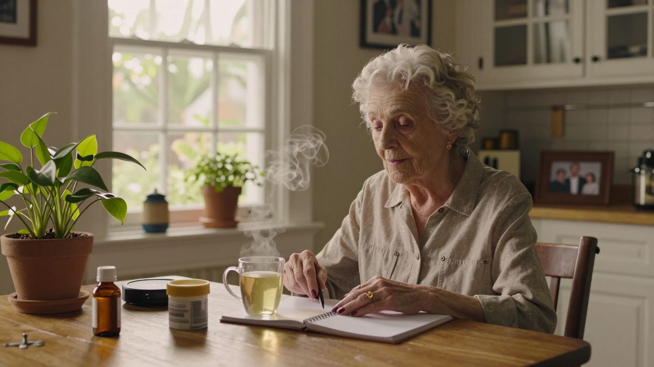 Idosa sentada à mesa com chá fumegante, caderno, e plantas na cozinha iluminada.