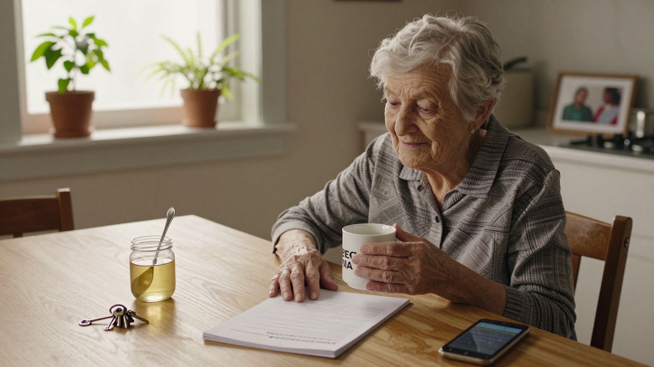 Idosa sentada à mesa, segurando uma caneca, com jarro de chá, smartphone e documentos à sua frente.