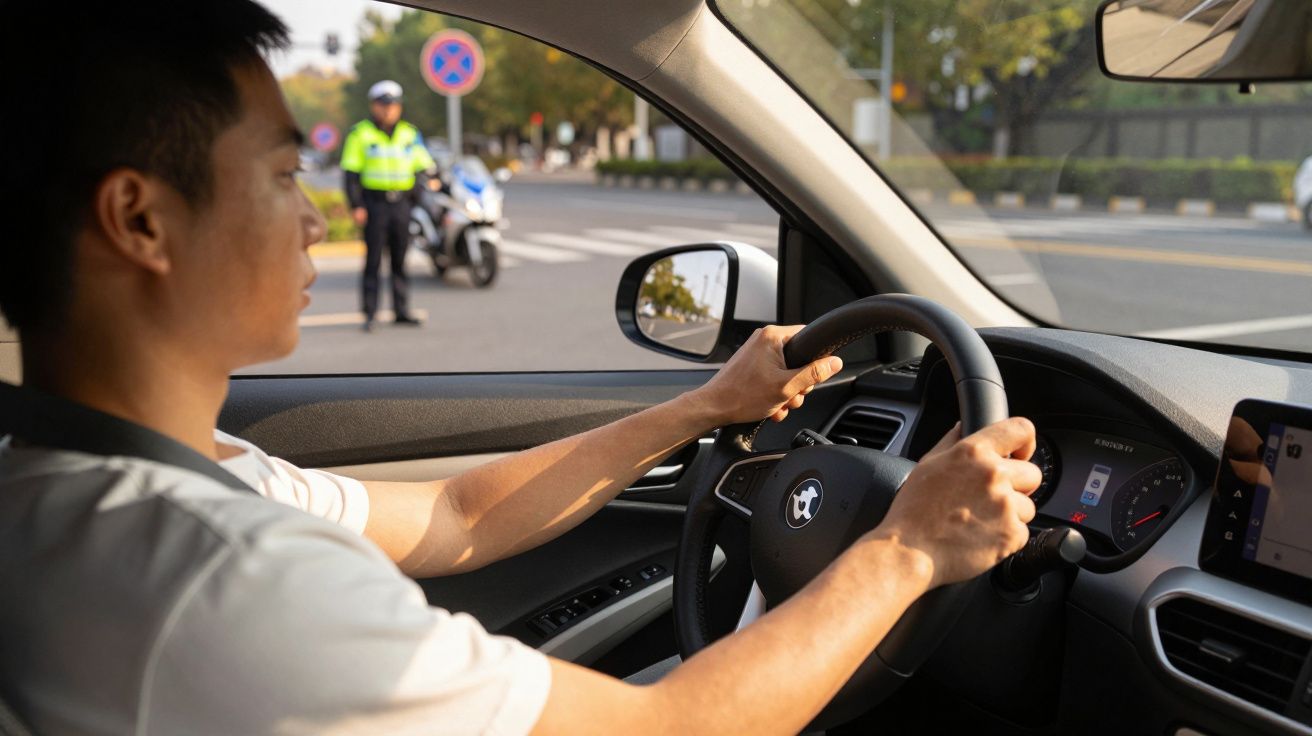Homem ao volante de um carro, com um polícia de trânsito ao fundo na rua.