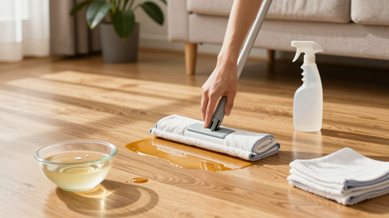 Mão a limpar líquido derramado no chão de madeira com esfregona, ao lado de uma tigela e frasco de spray.
