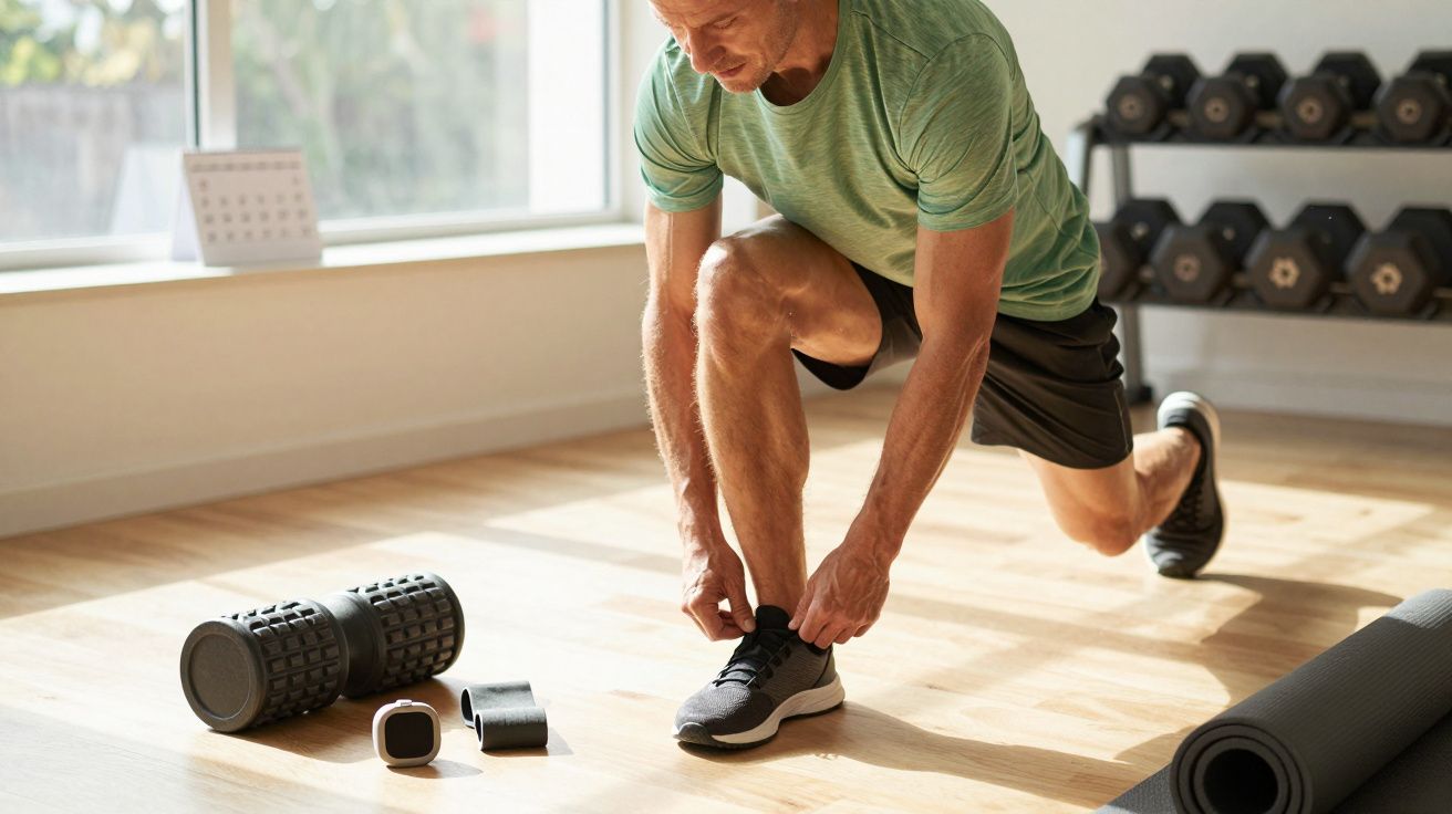 Homem ajoelhado em ginásio, a apertar ténis, com halteres e rolo de espuma ao lado.
