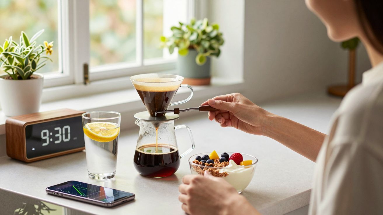 Pessoa prepara café numa cozinha, com iogurte e fruta sobre a bancada, ao lado de copo com água e fatia de limão.