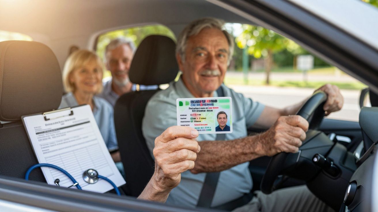 Homem idoso ao volante, mostrando licença de condução, acompanhado por três pessoas dentro de um carro.