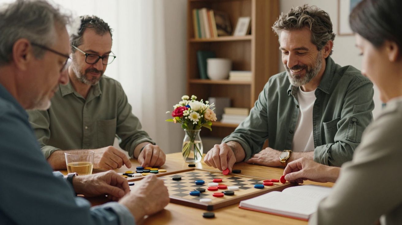 Quatro pessoas jogam um jogo de tabuleiro com peças coloridas num ambiente acolhedor, com flores e livros ao fundo.