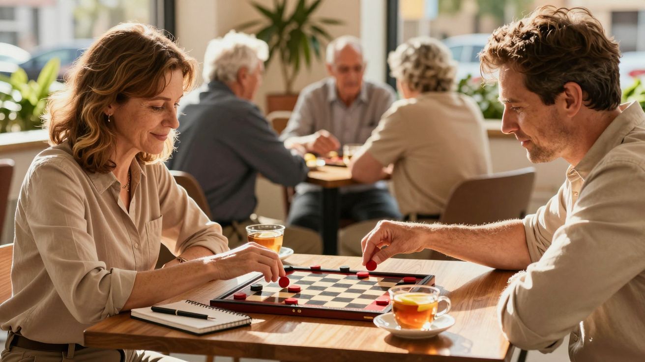 Homem e mulher jogam damas numa cafetaria, rodeados por outras pessoas. Bule com chá na mesa.