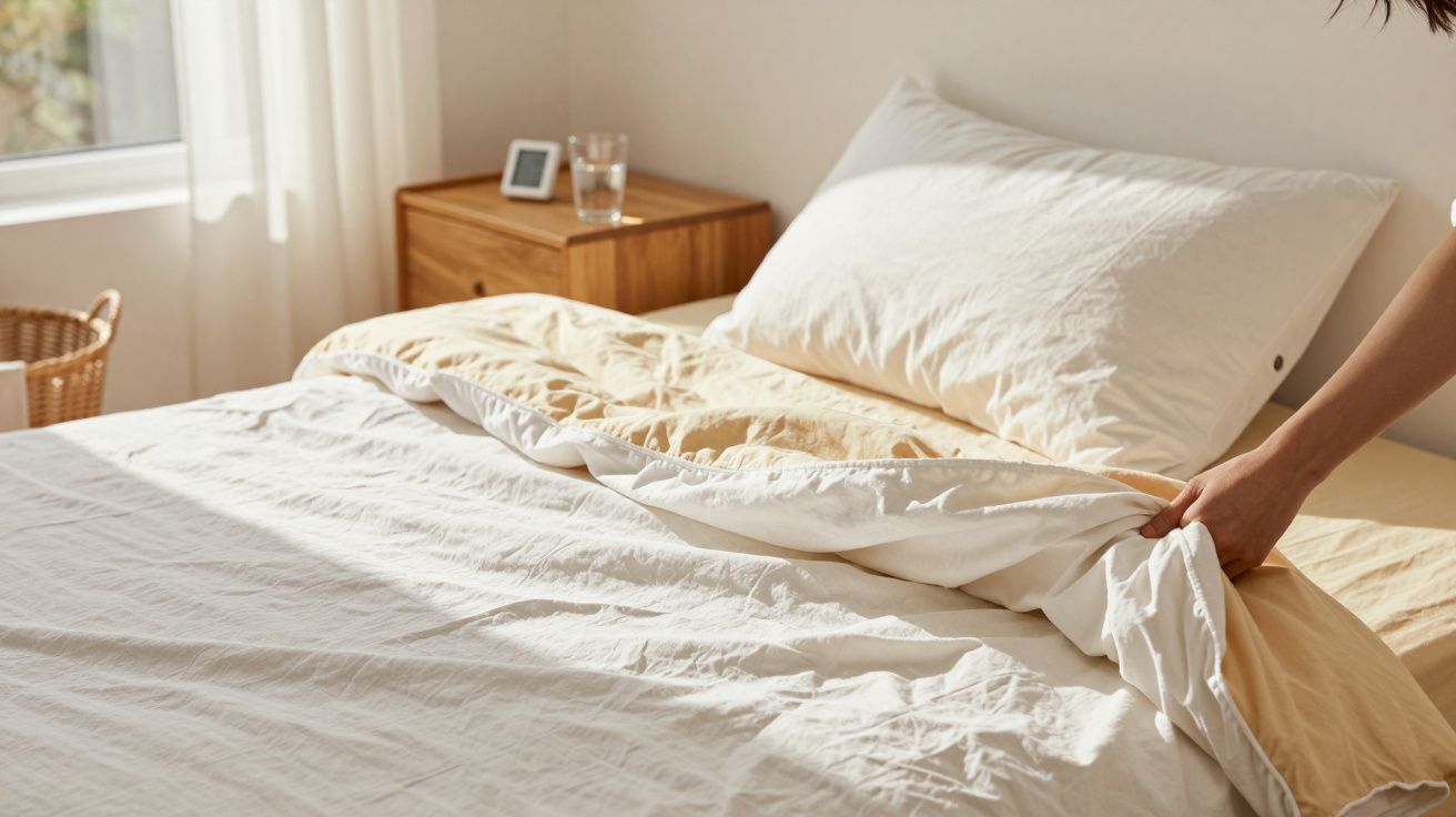 Pessoa a fazer a cama ao lado de uma mesa de cabeceira com copo e livro, num quarto bem iluminado.