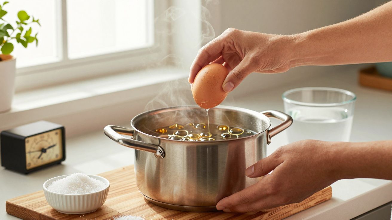 Pessoa a colocar um ovo numa panela de água a ferver numa cozinha iluminada.