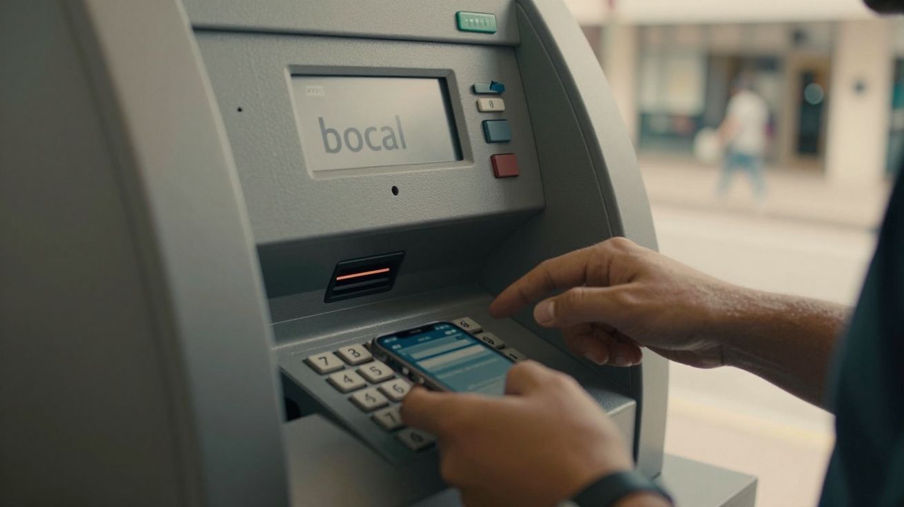 Pessoa usando um multibanco, segurando um telemóvel, com o ecrã a mostrar a palavra "bocal".