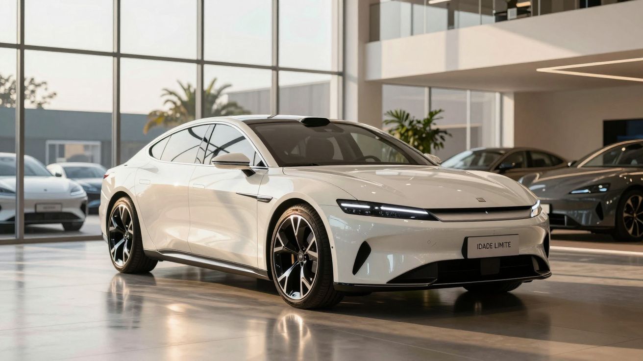 Carro elétrico branco num showroom, com janelas amplas e luz natural.