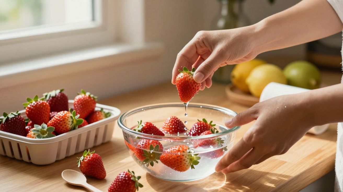 Mãos a lavar morangos frescos numa tigela de vidro com água, sobre uma bancada de cozinha iluminada pelo sol.