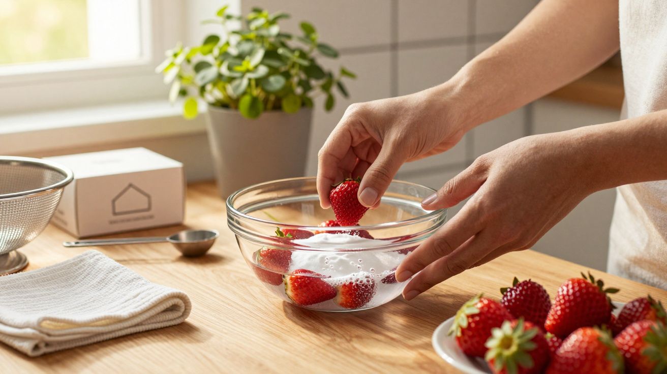 Mãos lavando morangos numa tigela de vidro, numa cozinha bem iluminada com plantas ao fundo.