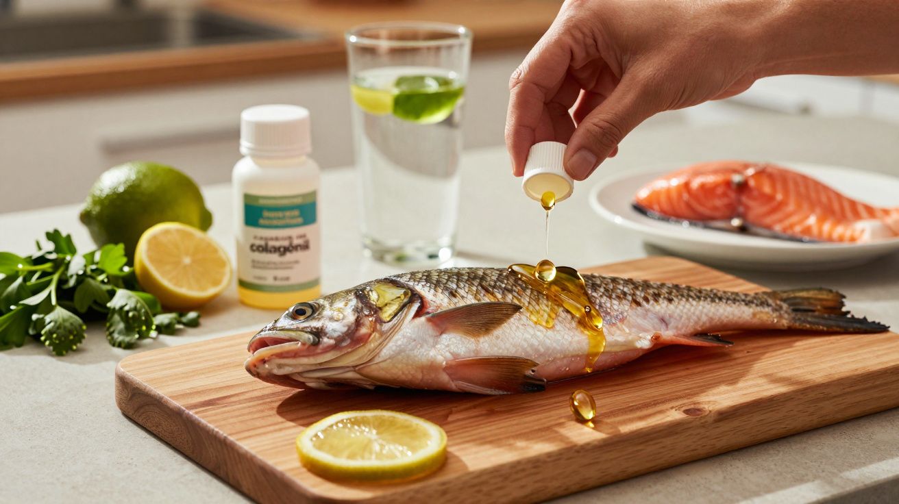 Peixe inteiro numa tábua de madeira, azeite a ser vertido por cima, rodeado de limão, salsa e suplemento alimentar.