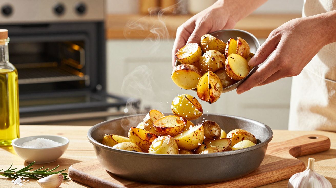 Mãos colocando batatas assadas quentes numa frigideira, com azeite, alecrim e alho ao lado. Cozinha ao fundo.