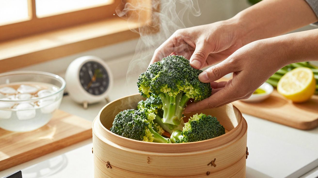 Mãos colocando brócolos a vapor numa cesta de bambu na cozinha, com um relógio e limão ao fundo.