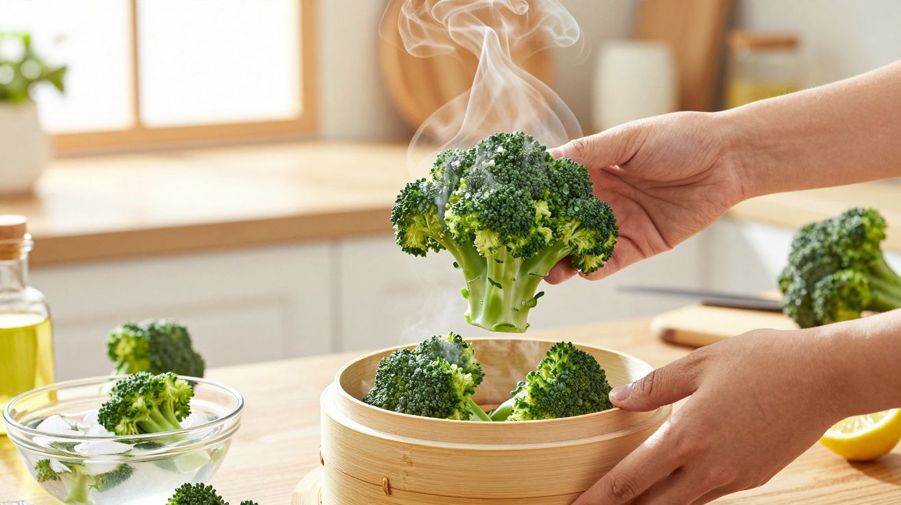 Pessoa a segurar brócolos a sair de uma cesta de vapor em cozinha com luz solar suave.