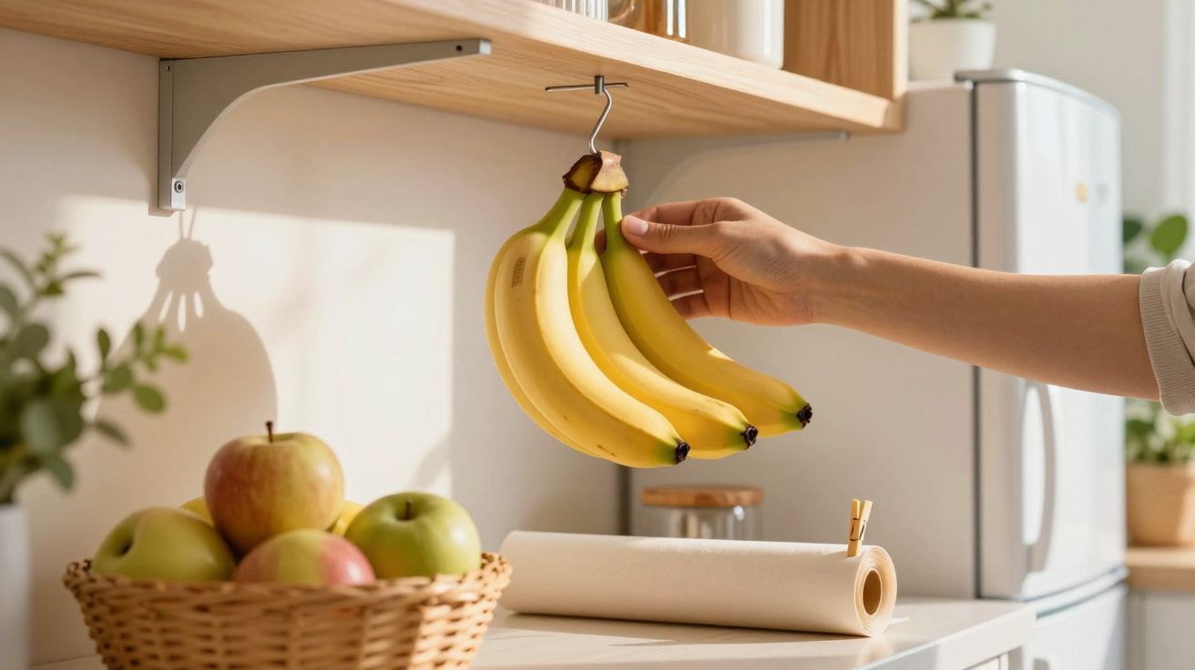 Mão apanha bananas penduradas numa cozinha minimalista com maçãs numa cesta e papel de cozinha ao lado.