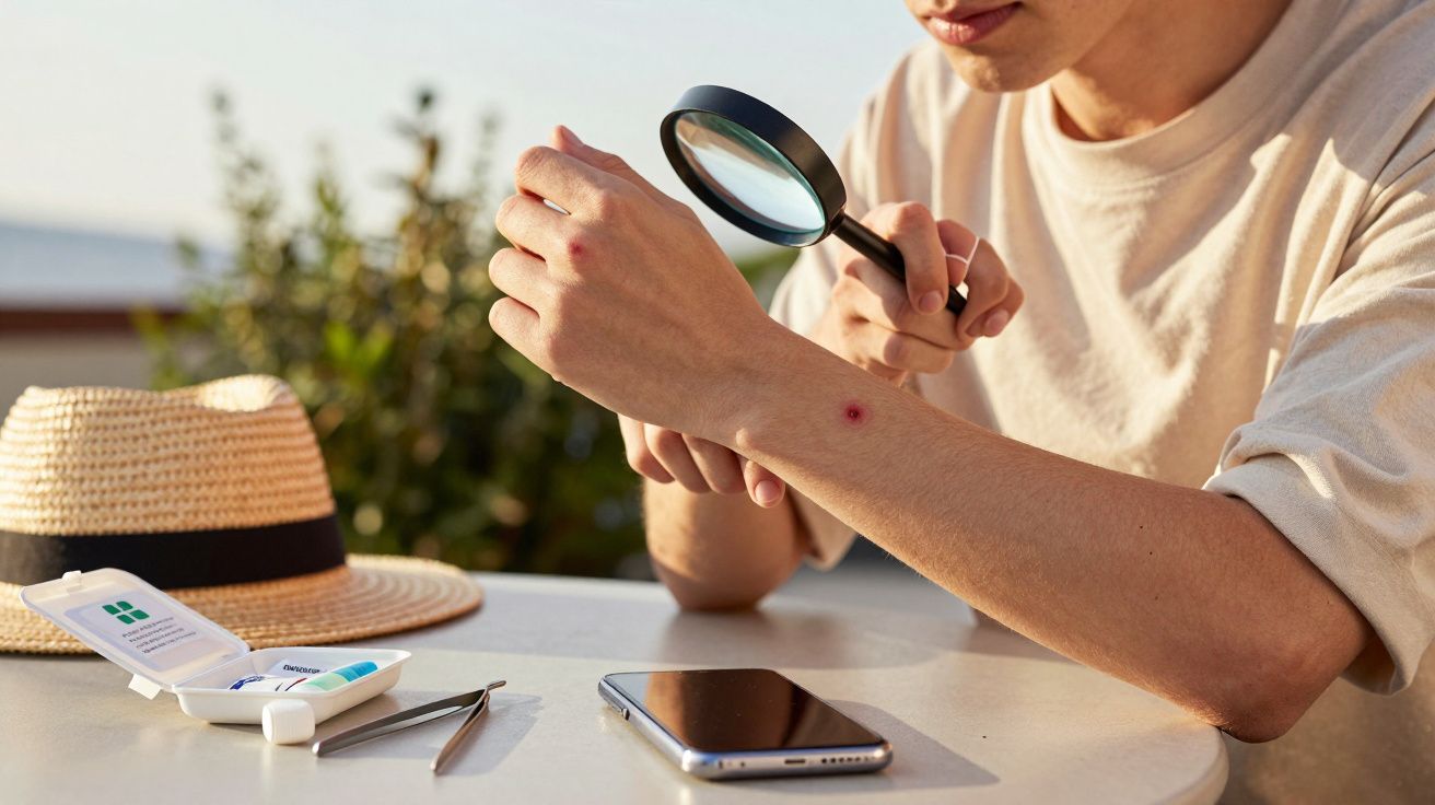 Pessoa examina picada no braço com lupa, numa mesa com chapéu, telefone, pinça e caixa de primeiros socorros.