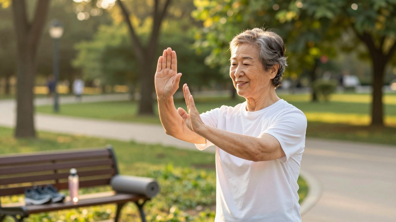 Pessoa idosa praticando exercício no parque, cercada por árvores e sol, com um banco e equipamentos de treino ao fundo.