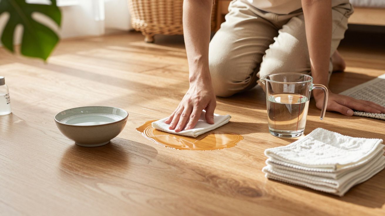 Pessoa a limpar derrame no chão de madeira com pano; copo e tigela de água ao lado.