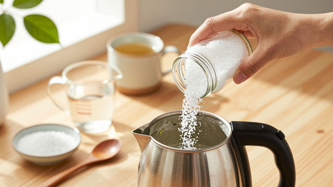 Mão a despejar sal de um frasco num jarro elétrico de aço inoxidável sobre uma mesa de madeira clara.