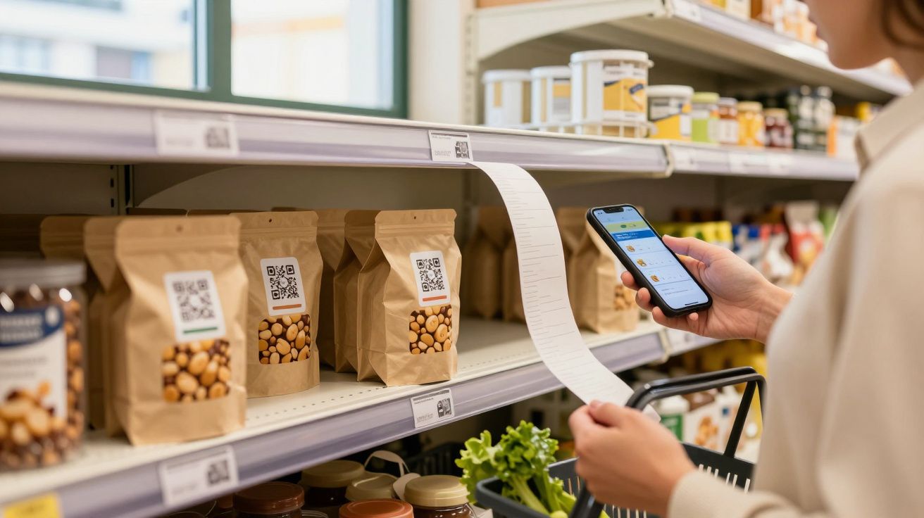Pessoa faz compras, digitalizando código QR em embalagem de nozes numa loja, segurando telemóvel e cesto com vegetais.
