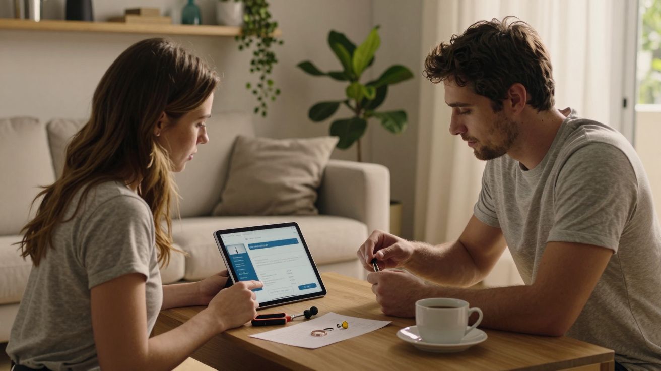 Duas pessoas sentadas a uma mesa usando um tablet, com papéis e uma chávena de café ao lado.