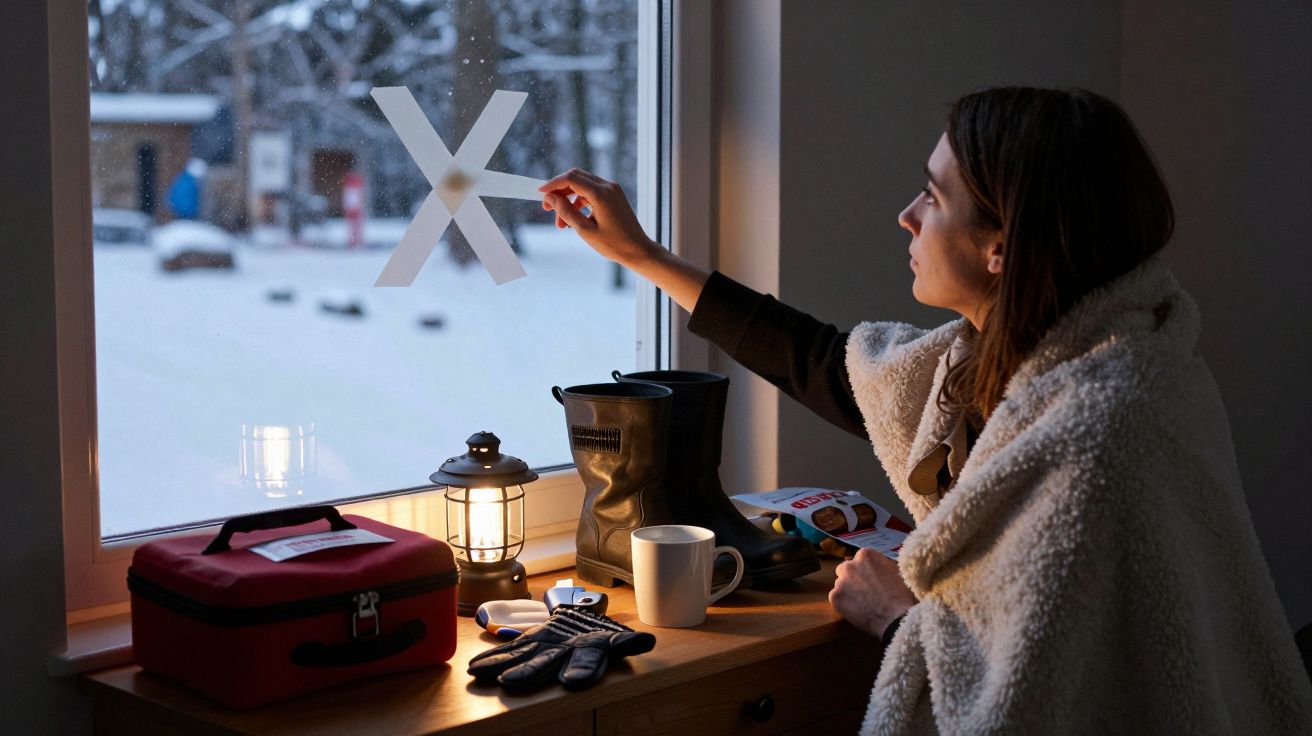 Mulher coberta com manta toca janela, lá fora neve. Mesa com lanterna, caixa de primeiros socorros, botas e luvas.