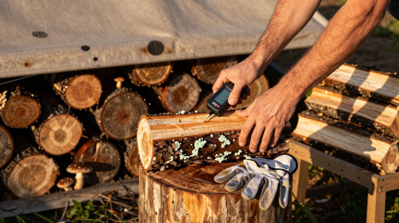 Mãos a perfurar madeira com ferramenta, pilhas de lenha ao fundo, luvas de trabalho ao lado.
