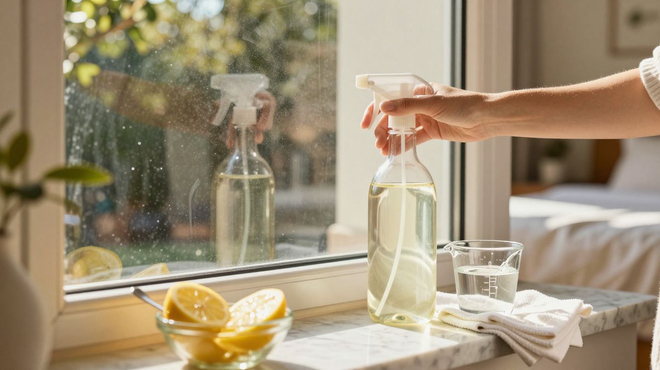 Mão segurando spray de limpeza junto a uma janela, limões cortados e copo medidor sobre parapeito ensolarado.