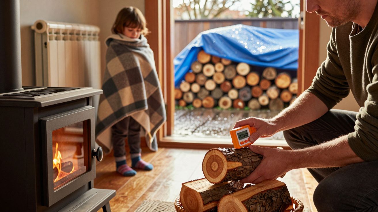 Homem mede humidade de lenha perto de lareira, criança com manta ao fundo.