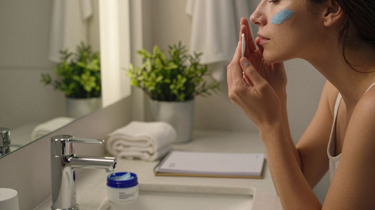 Mulher aplica creme facial azul em frente ao espelho na casa de banho.