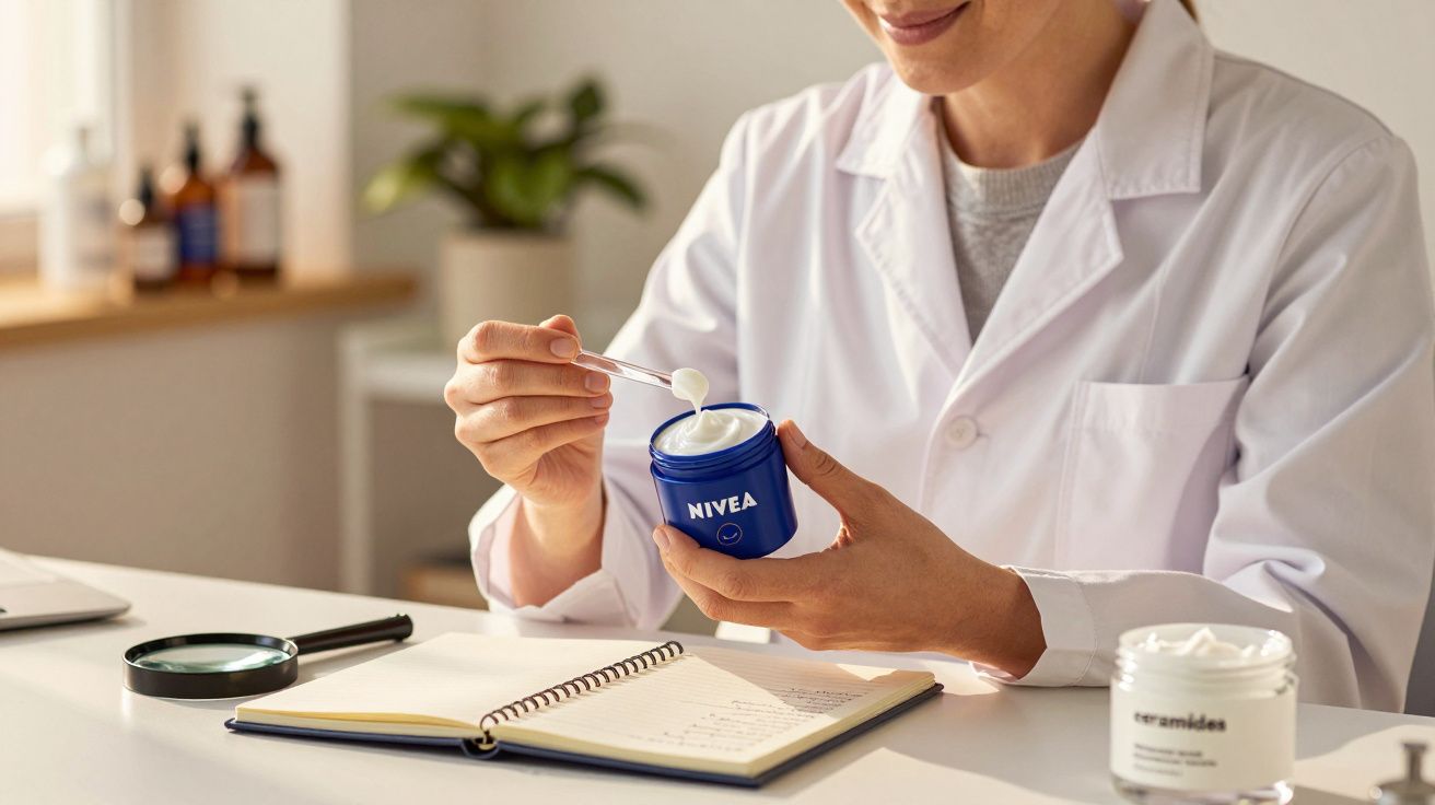 Pessoa a usar espátula num creme Nivea, sentada a uma mesa com caderno e lupa, usando bata de laboratório branca.