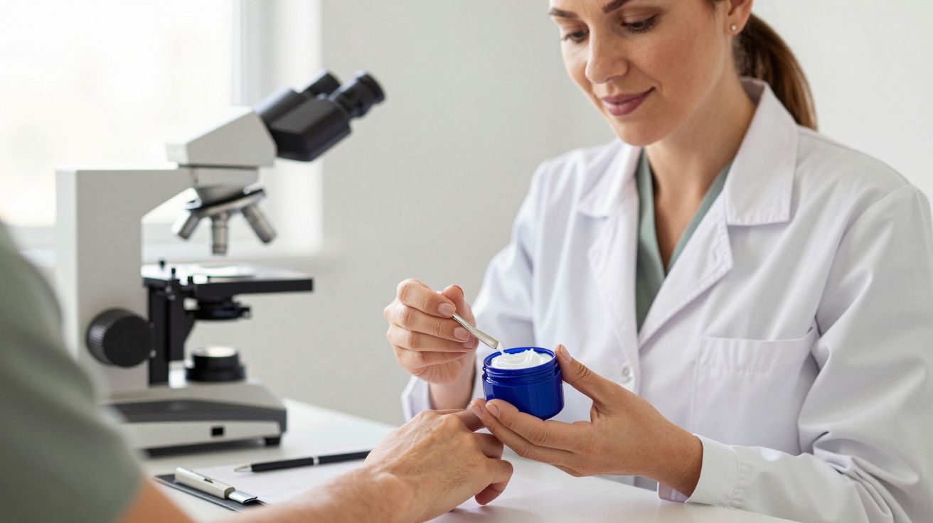 Mulher de bata branca usa espátula em pote azul, sentada ao lado de um microscópio.