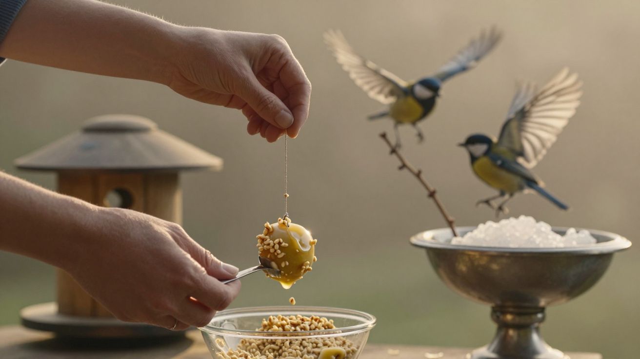 Mãos penduram bola de sementes, enquanto dois pássaros se aproximam. Mesa com tigela de sementes e bebedouro ao fundo.