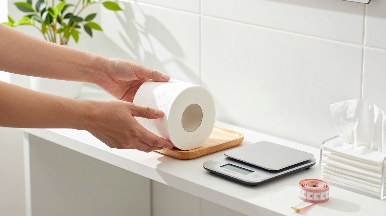 Mãos colocando rolo de papel higiénico numa prateleira com balança digital, fita métrica e lenços de papel.